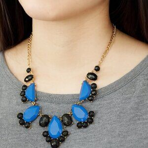 Kate Spade Blue Statement Chunky Teardrop Bib Necklace Gold Tone Black Crystal